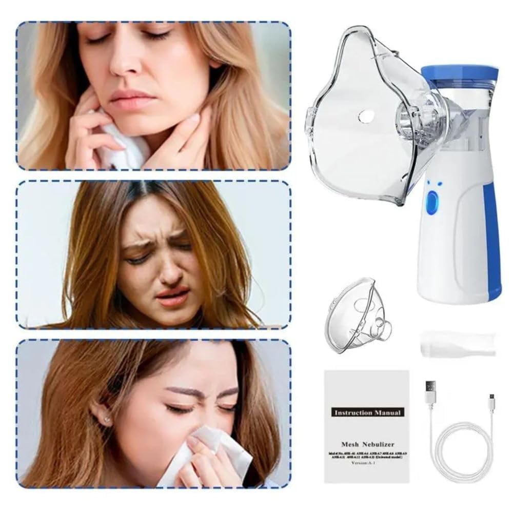 Portable Mesh Nebulizer Machine for Adults & Kids | Silent Rechargeable Handheld Nebulizer with Masks & Mouthpiece | USB Wireless Mesh Vaporizer for Respiratory Care