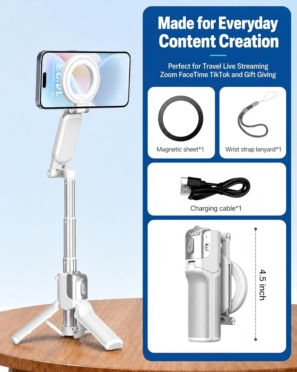 Kehuitry Magnetic Mini Selfie Stick Tripod for iPhone & Android, [MAX 19"] [Pocket 4.5"] Zoomable Phone Tripod with Detachable Wireless Remote...